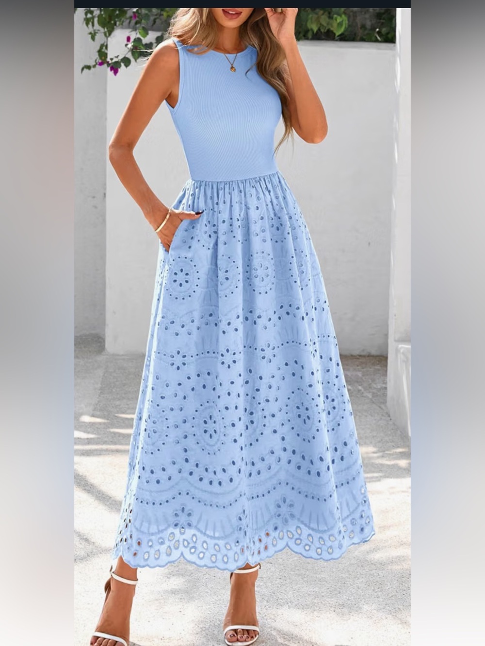 Sleeveless Light Blue Eyelet Midi Dress